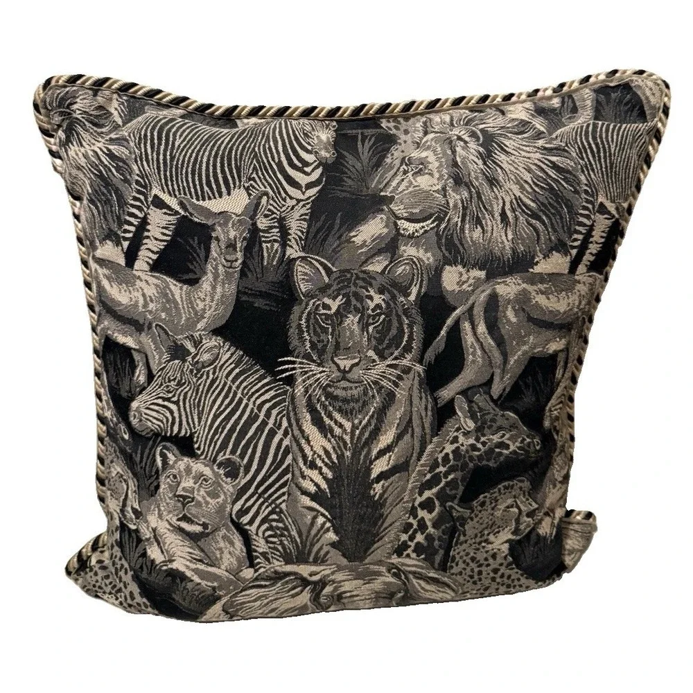Vtg Blazing Needles Safari Tapestry Throw Pillow Double Corded Animals 20x20